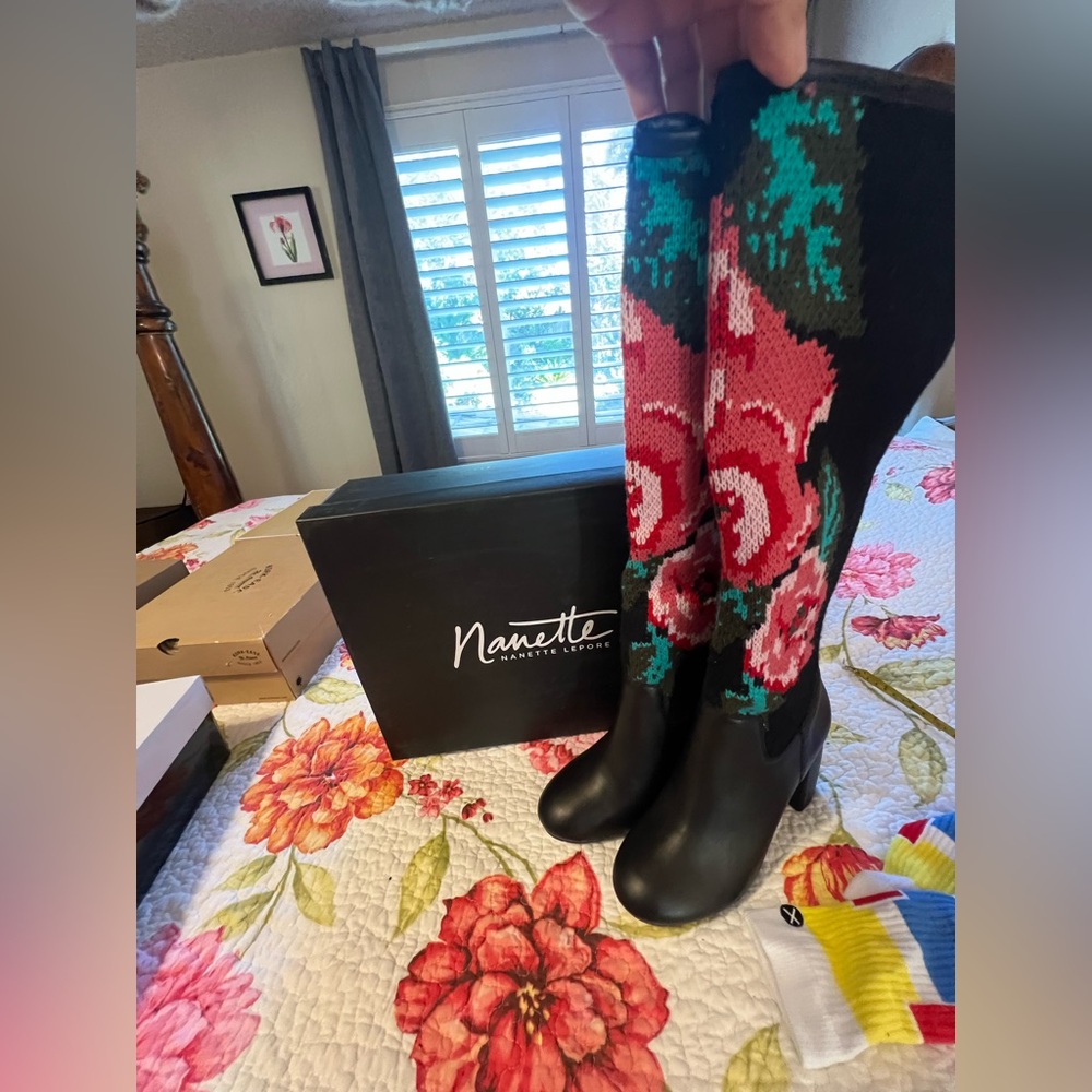 Nanette Lepore Black Leather Floral Knit Boots